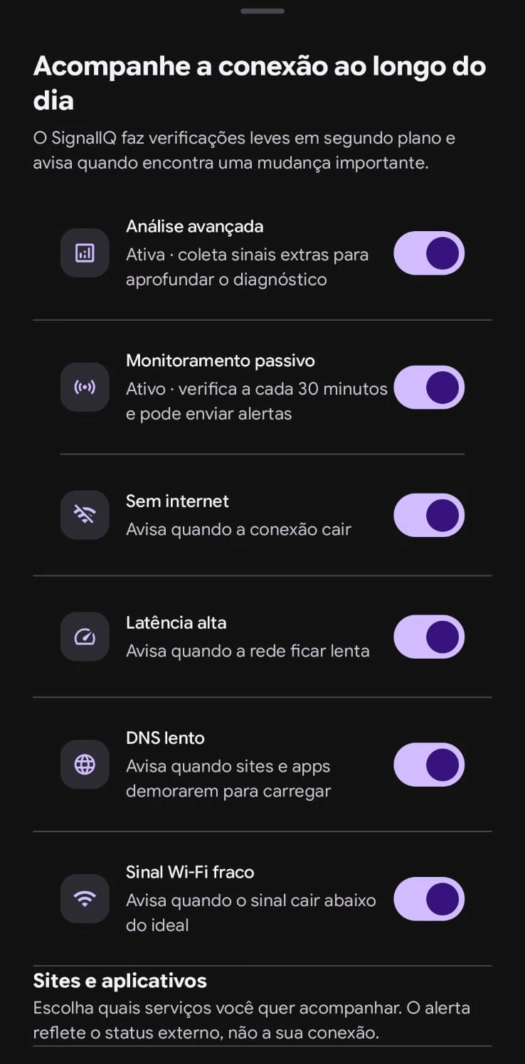 Tela de monitoramento passivo no aplicativo SignallQ para Android com verificação periódica de conectividade e alertas de instabilidade