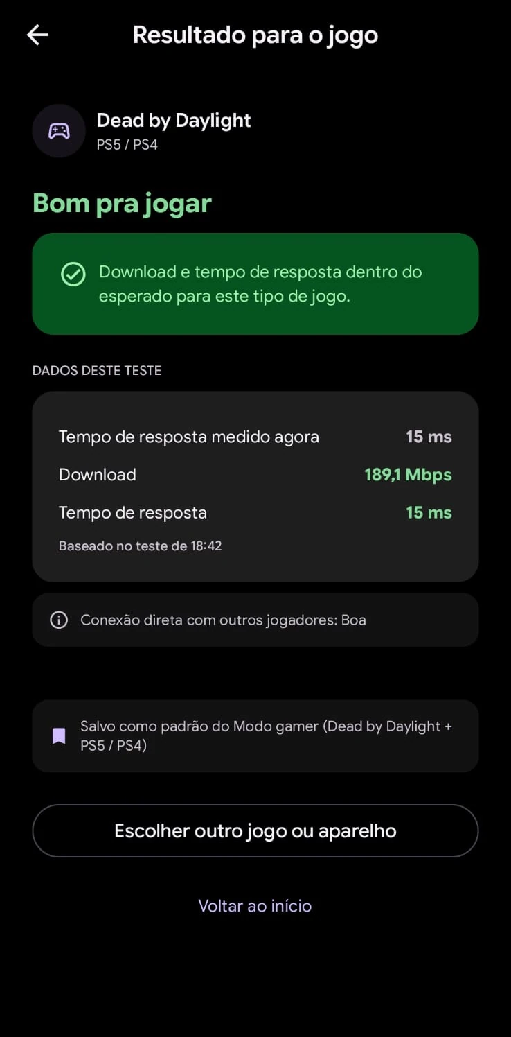 Tela de resultado do Modo Gamer no aplicativo SignallQ para Android com diagnóstico para o jogo Dead by Daylight no PS5 com ping de 15 ms e download de 189 Mbps