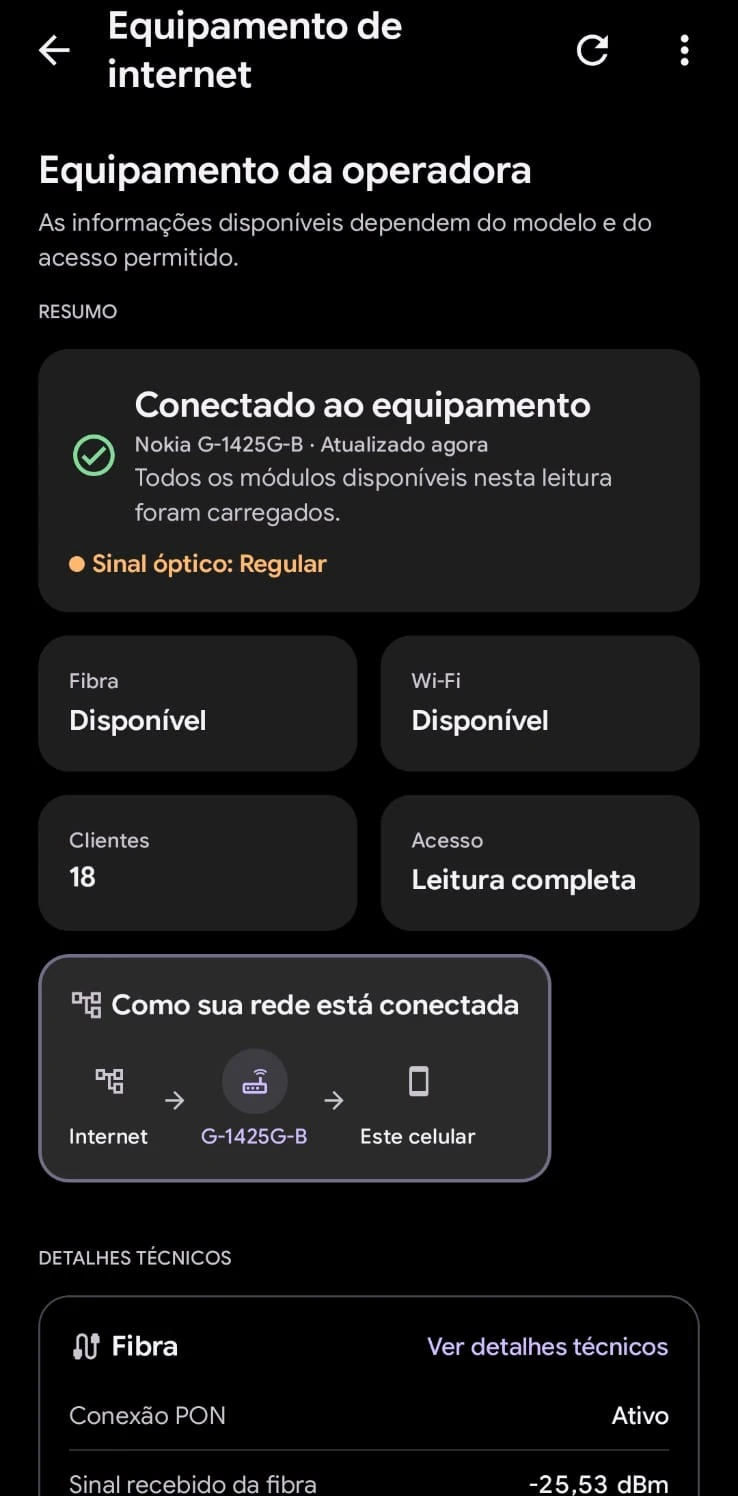 Tela de equipamento da operadora no aplicativo SignallQ para Android reconhecendo ONT Nokia G-1425G-B com status de sinal óptico e conexão PON