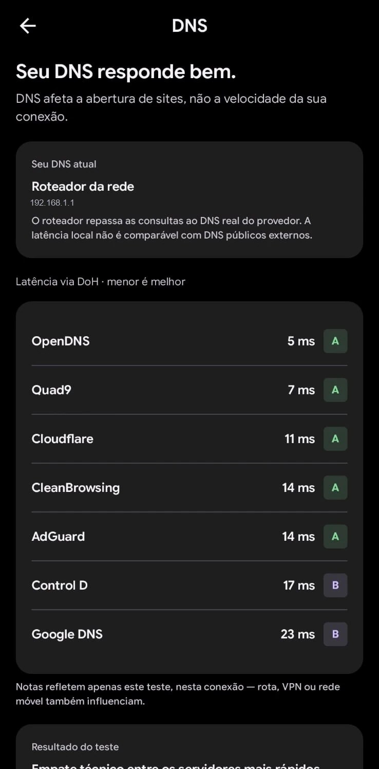 Tela de diagnóstico DNS no aplicativo SignallQ para Android comparando tempos de resposta de OpenDNS, Quad9, Cloudflare, CleanBrowsing e Google DNS