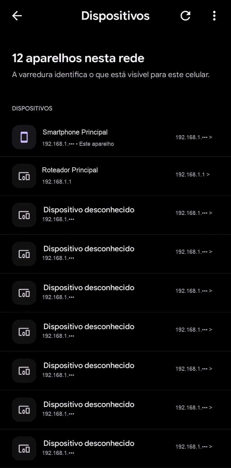 Tela de dispositivos conectados no aplicativo SignallQ para Android listando aparelhos visíveis na rede local