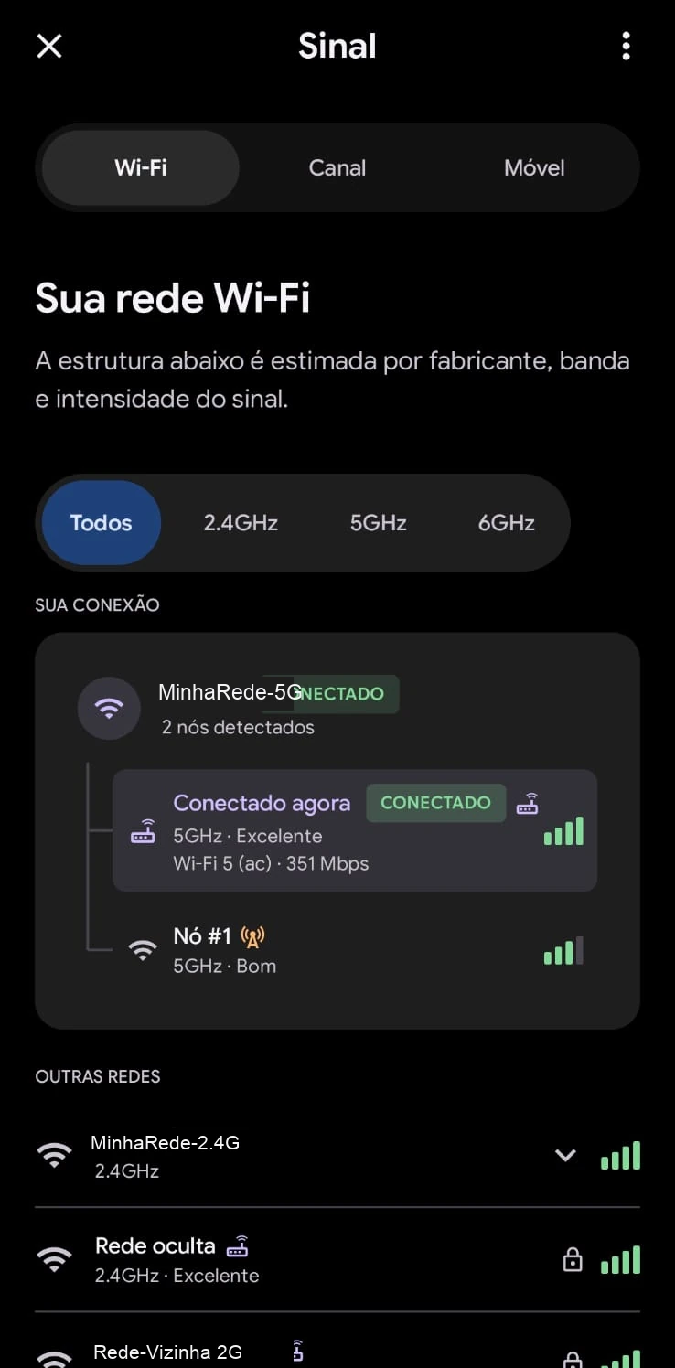 Tela de sinal Wi-Fi no aplicativo SignallQ para Android exibindo nós detectados, banda de 5 GHz, Wi-Fi 5 e velocidade negociada