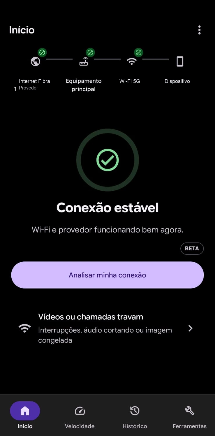 Tela Início do aplicativo SignallQ para Android exibindo o diagnóstico Conexão estável com status do Wi-Fi e do provedor