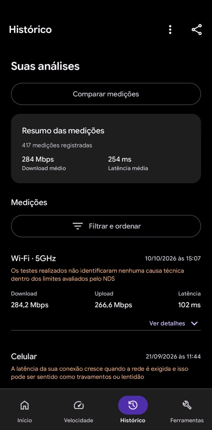 Tela de histórico no aplicativo SignallQ para Android com resumo de medições, médias de download e latência e detalhamento por teste