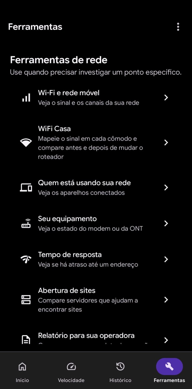 Menu de ferramentas no aplicativo SignallQ para Android com opções para Wi-Fi e rede móvel, WiFi Casa, dispositivos conectados e equipamento