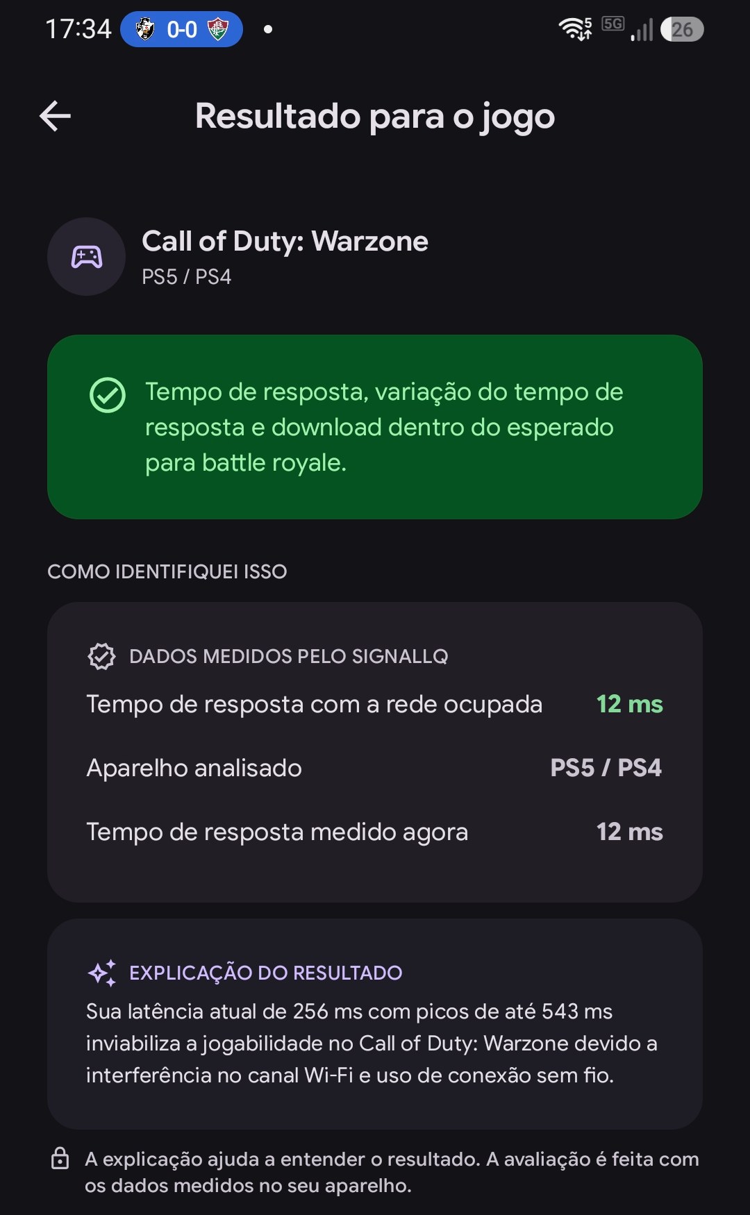 Tela Modo gamer do aplicativo SignallQ